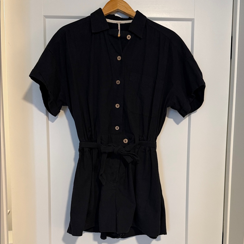 Free People Black Button-Down Romper with Tie Waist